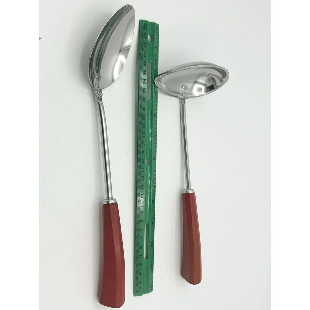 Vtg Corona Serving Spoon & Teardrop Ladle Red Bakelite Handle Stainless Steel